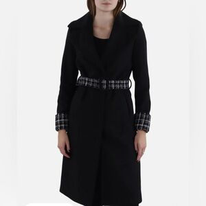 BrandNew Tahari Tia Womens Wool Blend Belted  trench coat w/Plaid Accents size L